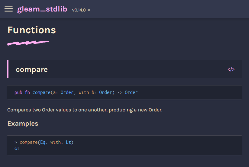 A screenshot of Gleam's rendered docs showing a beautiful dark theme