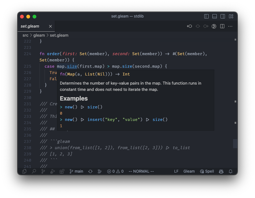A VS Code editor window showing a documentation popup for Gleam code