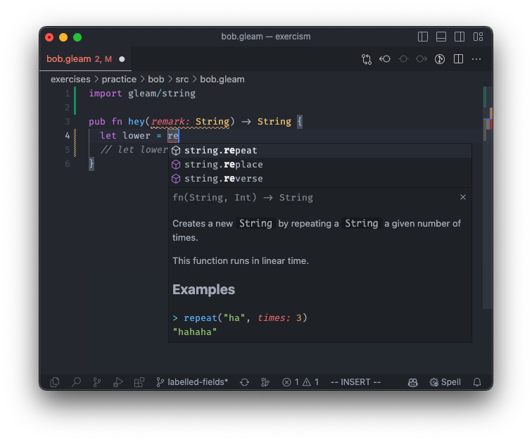 A VS Code editor window showing a string function being suggested as a completion, along with its documentation and type signature