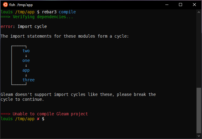 A terminal showing an import cycle error message