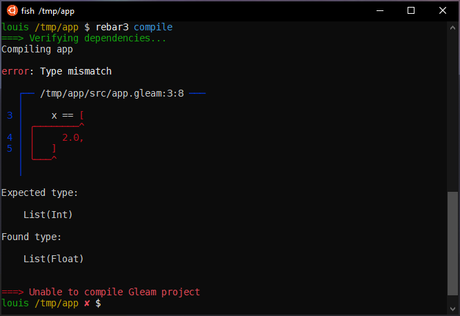 A terminal showing a type error message