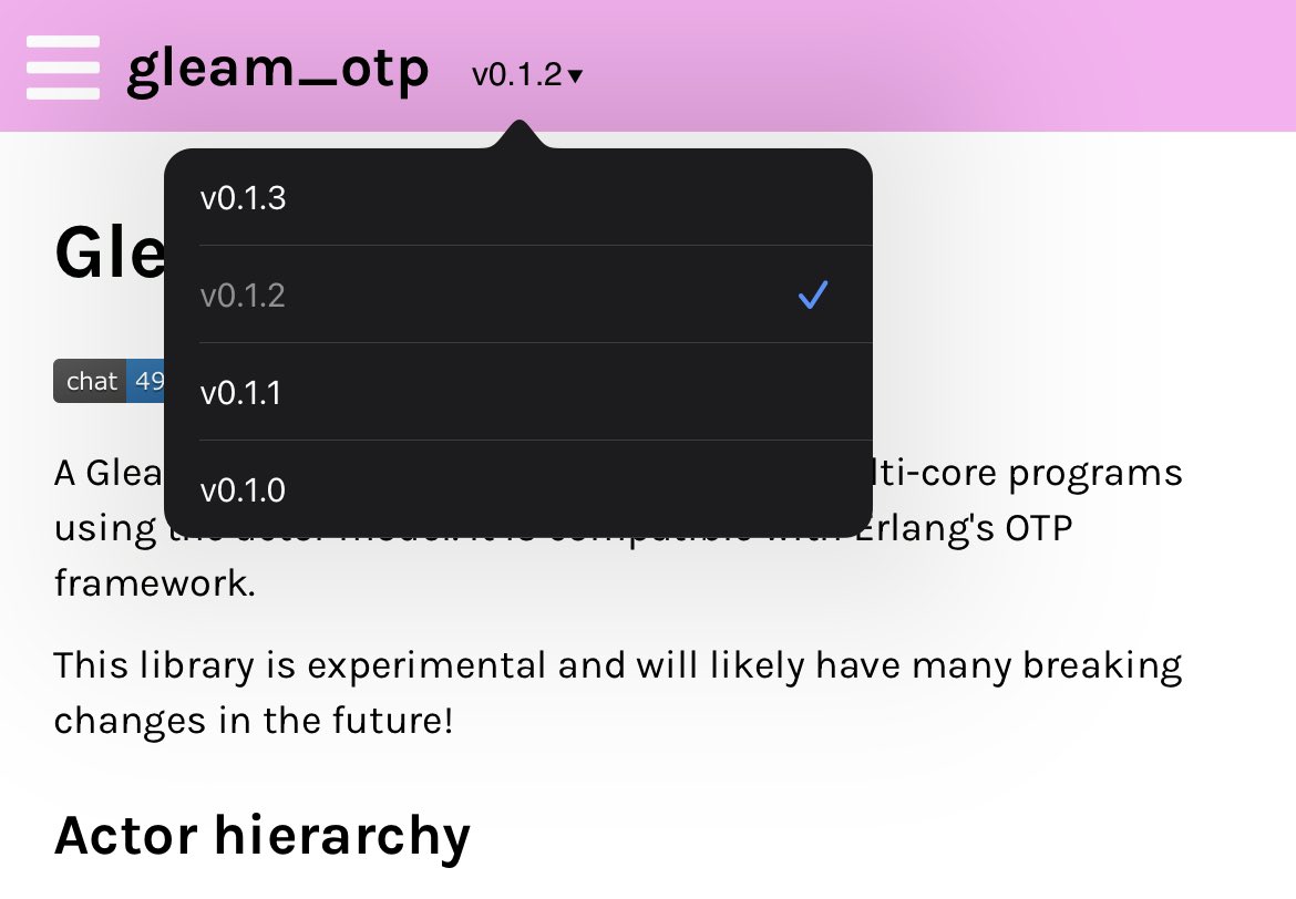 A screenshot of Gleam's rendered docs showing a version selector